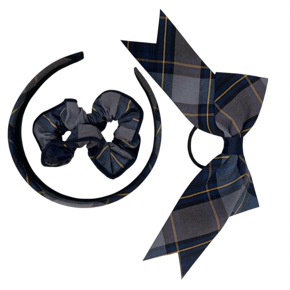 Hair Accessories in Navy, Gold Plaid, 3 piece set Preppy Collegiate